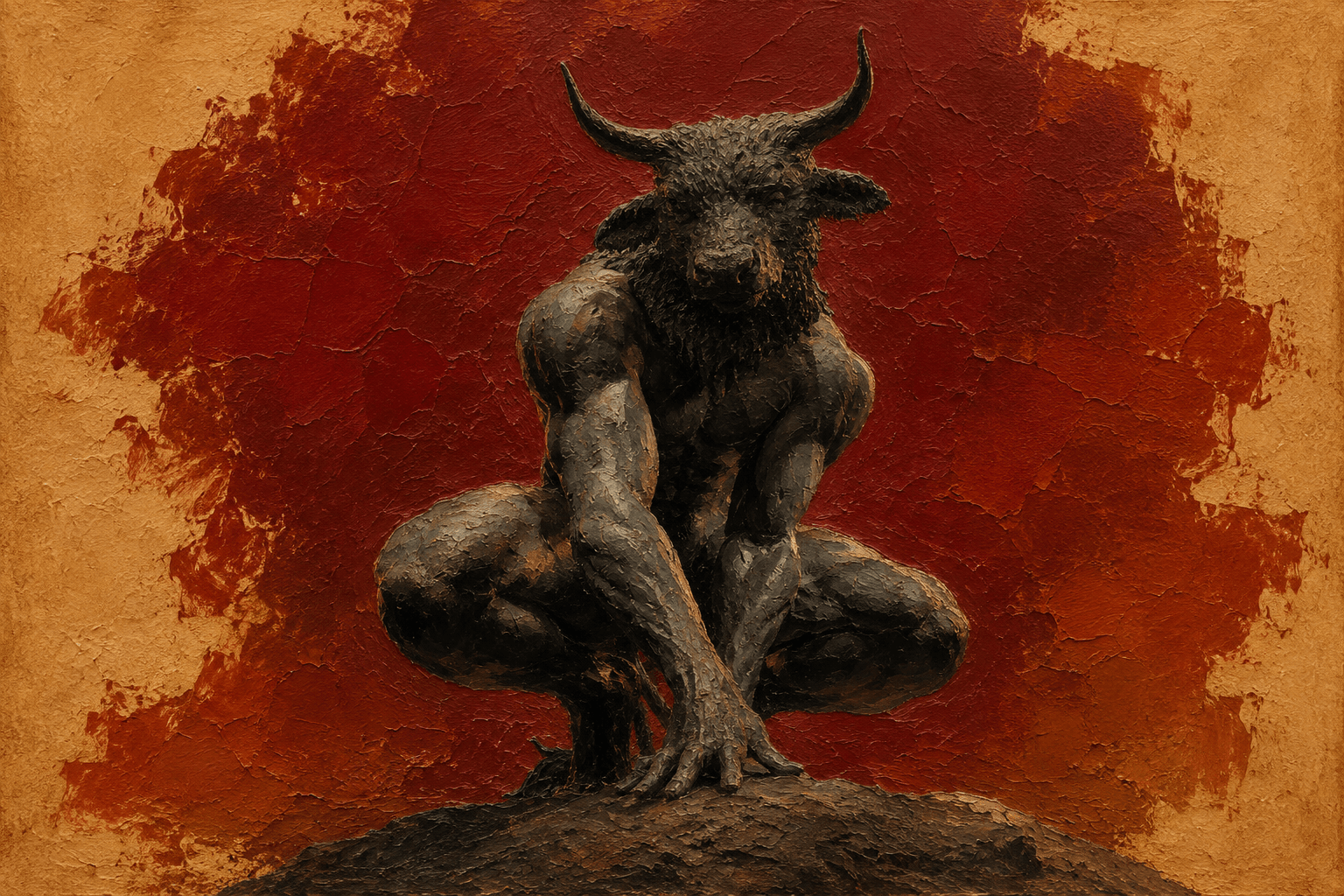 Man and bull in a dark painted scene